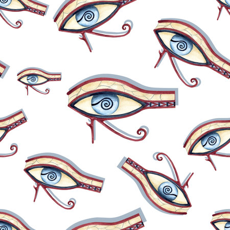 Egyptian eye of Horus seamless pattern. Ancient ornament wadjet, isolated religion symbol. Watercolor icon illustration for textile, decorative items, stationery, souvenir products, packaging designの写真素材