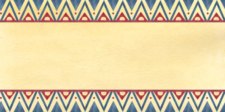 Banner egyptian ancient ornament with template inside for text. Geometric patterns, watercolor isolated illustration, yellow background. African culture concept for souvenirs, web design, packagingの写真素材
