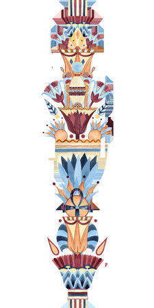 Egyptian abstract vases with lotuses, ancient column symbols seamless border vertical. Ethnic patterns, ornament. Watercolor illustration isolated from background. For souvenirs, textile, stationeryの写真素材