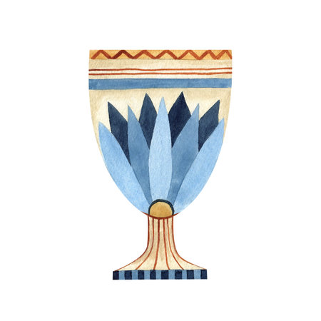 Vase bowl with lotus, ancient ornament. Ethnic patterns, ornate. Watercolor illustration isolated from background. Culture concept for souvenir, postcard, composition design, Egyptian, Persian styleの写真素材