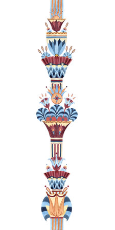 Egyptian vase with lotuses, ancient column symbols seamless border vertical. Ethnic patterns, ornament. Watercolor illustration isolated from background. For souvenir merchandise, textile, stationeryの写真素材