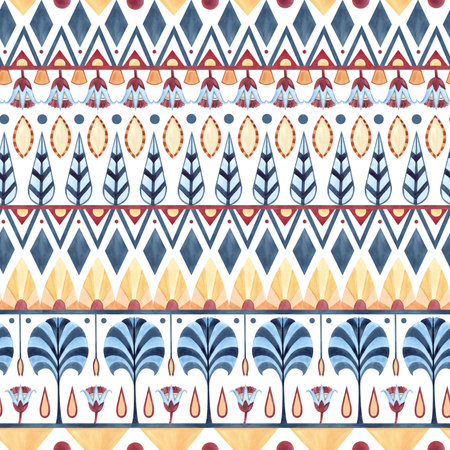 Ancient ethnic ornament seamless pattern, folklore geometric shapes, symbols. Abstract lotus, palm, horizontal lines. Watercolor illustration isolated from background. Textile, packaging, souvenirsの写真素材