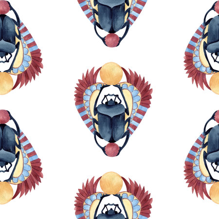 Scarab beetle seamless pattern. Egyptian symbol, religion icon. Ancient ornament. Watercolor illustration isolated from background. For textile, decorative items, souvenir products, packagingの写真素材