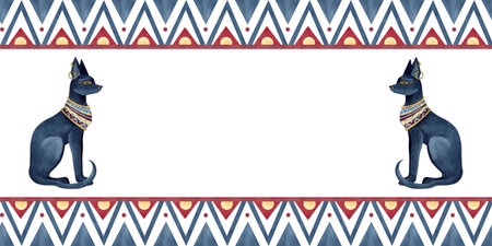 Banner with Bastet and Egyptian ancient ornament. Geometric patterns, watercolor illustration isolated from background. Culture concept for souvenirs products, postcards, packaging, stationeryの写真素材