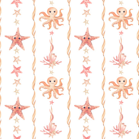 Starfish, octopus childrens characters, stars, abstract seaweed lines seamless pattern. Watercolor illustration isolated on white background. Coral orange beige kids sea style wallpaper, packagingの写真素材