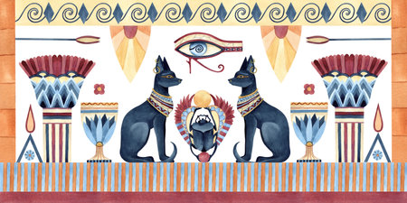 Banner with Egyptian symbols, ancient ornaments. Bastet, Scarab beetle, Eye of Horus, Lotus shaped, geometric patterns with flowers. Watercolor isolated illustration. Ancient religion culture conceptの写真素材