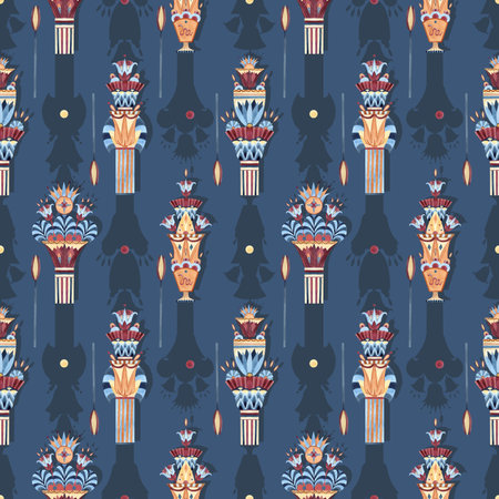 Egyptian vase lotus, ancient column seamless pattern. Ethnic symbols, ornate with shadows. Watercolor colorful illustration isolated on blue background. For souvenir products, textile, interior decorの写真素材