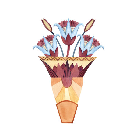 Vase bowl, three abstract sacred lotus, ancient ornament. Ethnic patterns. Watercolor illustration isolated from background. Folklore concept for souvenir, postcard, Egyptian, Persian, Africa styleの写真素材