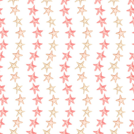 Stars seamless pattern watercolor illustration isolated on white background. Gold beige coral pink colors repeat decoration. Packaging design, for textile, wallpaper, childrens interior designの写真素材
