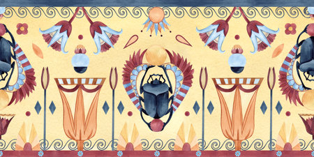 Egyptian seamless border. Ancient ornament, symbols. Scarab beetle, lotus shaped, geometric patterns, flowers. Watercolor isolated illustration. Religion culture concept for textile, decorative itemsの写真素材