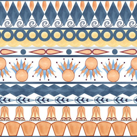 Ancient ethnic ornament seamless pattern, folklore geometric shapes, symbols. Abstract sacred lotus. Watercolor illustration isolated from background. For Indigenous people day, Textile, packagingの写真素材