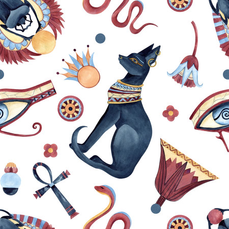 Egyptian style seamless pattern, symbols, ancient ornaments. Bastet, Scarab beetle, Eye of Horus, Ankh, geometric figures, abstract flowers lotus. Watercolor illustration isolated from backgroundの写真素材