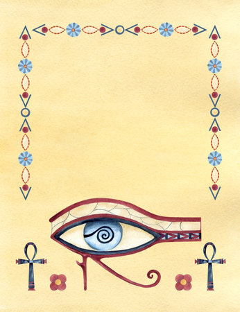 Egyptian god, eye of Horus. Ancient ornament wadjet with geometric patterns, Ankh, sand background. Watercolor isolated illustration on yellow. Culture design, religion icon for souvenir productsの写真素材