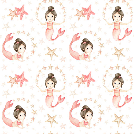 Little mermaid with gold stars seamless pattern. Watercolor Childrens character illustration pastel colors, isolated on white background. Kids design for textile, stationary, packaging, wallpaperの写真素材