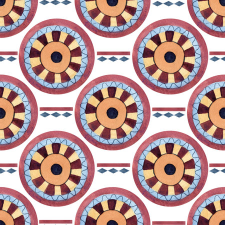 Ethnic seamless pattern, ancient symbols African culture, geometric abstract figures. Watercolor illustration isolated from background. Ornament round circle for textile, souvenir products, fabricの写真素材