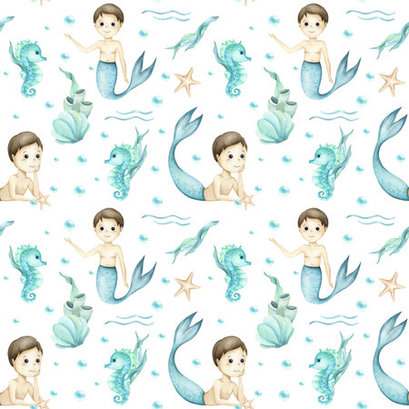 Mermaid boys watercolor character, seahorse childrens illustration seamless pattern. Sea style, plants, bubbles, waves and stars isolated on white background. Kids design for packaging, stationaryの写真素材