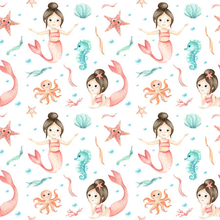 Mermaids character, sea animals seamless pattern. Childrens illustration. Watercolor seahorse, starfish, octopus, seaweed isolated on white background. For kids design textile, packaging, stationeryの写真素材