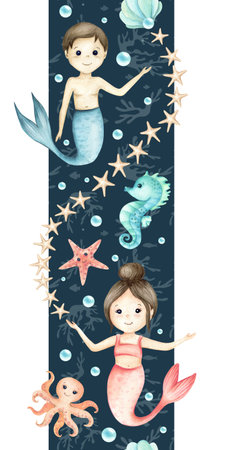 Mermaids girl, boy, seahorse, starfish, octopus characters seamless vertical border with stars. Watercolor Childrens illustration isolated on night underwater world, silhouette. Interior kids designの写真素材