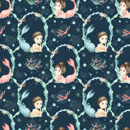 Mermaids girl, boy, seaweed frame, wreath seamless pattern. Sea watercolor childrens illustration characters isolated on dark background, hearts shadows. Template for kids decor, packaging, textileの写真素材