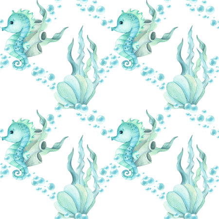 Seahorse children character seamless pattern, seaweed, seashell and bubbles. Watercolor illustration turquoise shades isolated on white Background, for kids room decor, wallpaper, textile, packagingの写真素材