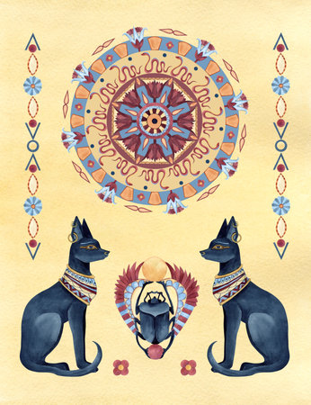 Egyptian postcard with Bastet, Scarab beetle, arabesque. Ancient symbols, ornaments, religion icons, abstract lotus. Watercolor illustration isolated on yellow background. Frame souvenir merchandiseの写真素材