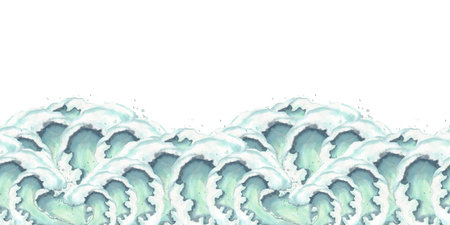 Crest of wave seamless border, whitecaps, foam. Pastel turquoise shades watercolor illustration isolated from background. Cresting mint, blue colors of water. Hand drawn clip art, childrens designの写真素材