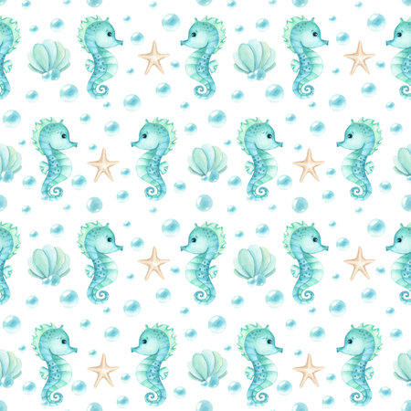 Seahorse watercolor childrens character seamless pattern. Seashell, stars, bubbles isolated illustration. Turquoise nautical style for background. Kids design for stationary, textile, packagingの写真素材
