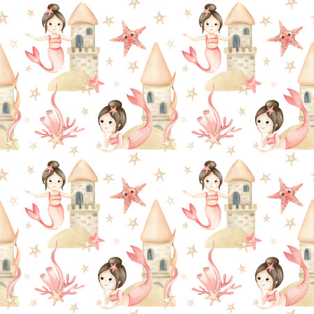 Little mermaids seamless pattern with starfishes character, underwater castle, seaweed, algae, corals. Watercolor childrens illustration isolated on white background. Kids design, packaging, fabricの写真素材