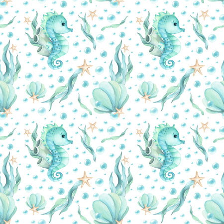 Seahorse character with seaweed, seashell, stars and bubbles seamless pattern. Watercolor childrens illustration turquoise shades isolated. Background for kids design stationary, textile, packagingの写真素材