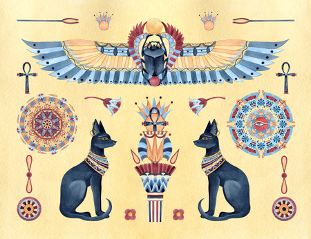 Egyptian frame, postcard, ancient symbols, ornaments, religion icons. Arabesque design, Bastet, Scarab beetle and wings, Eye of Horus, Ankh, abstract lotus. Watercolor illustration isolated on yellowの写真素材