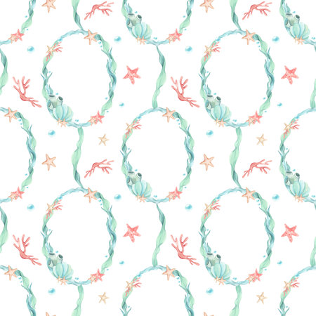 Seamless pattern frame template algae, seaweed, starfish, seashell, sea sponges, underwater bubbles. Undersea watercolor childrens illustration isolated from background. Wreath with sea plants, logoの写真素材