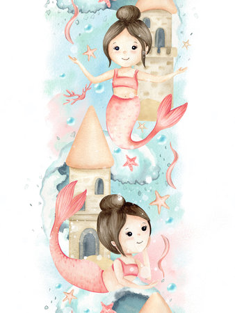 Mermaids little girl, underwater castle, waves seamless border with stars, seaweeds. Watercolor childrens illustration isolated on seascape. Kids design for wallpaper, stationery, interior stickerの写真素材