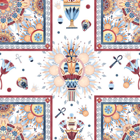 Arabesque design seamless pattern with lotus ancient column, eye of Horus, ethnic ornament, religion icons. Watercolor illustration isolated from background for silk scarf, textile, fabric, decor.の写真素材