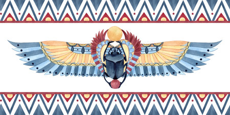 Banner Egyptian ancient ornament with Scarab beetle with wings. Geometric patterns, watercolor illustration isolated from background. African culture concept for souvenirs, postcards, packagingの写真素材