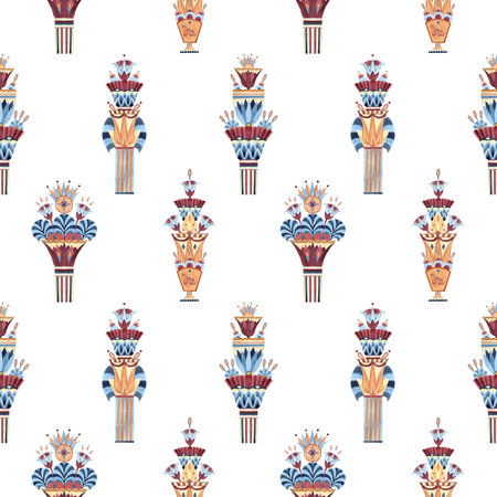 Egyptian ornament ancient column vase lotus seamless pattern. Ethnic symbols, ornate. Watercolor colorful illustration isolated from background. For souvenir products, textile, interior decorationsの写真素材