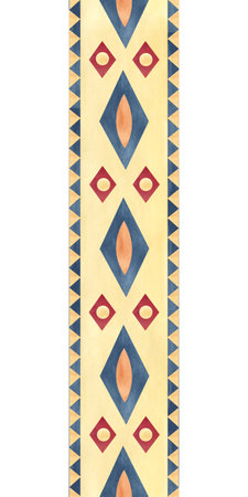 Ancient ethnic ornament seamless border, folklore geometric shapes, figures. Abstract vertical lines. Watercolor isolated illustration. Clip art for textile, packaging, souvenirs, stationery, fabricの写真素材