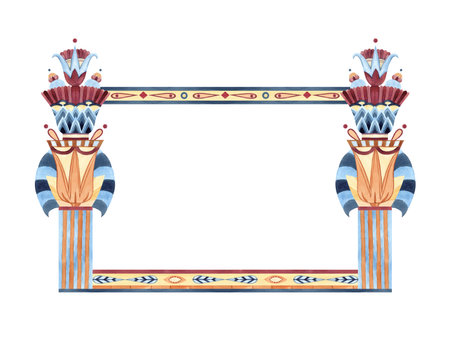 Frame Egyptian column lotus, geometric figures, vase. Ancient ethnic ornament. Watercolor isolated illustration. For postcards, packaging, store design, souvenir products. Persian, African cultureの写真素材
