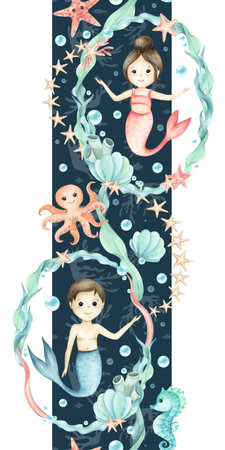 Mermaids girl, boy inside frame algae, octopus, seahorse, starfish seamless border. Underwater watercolor childrens illustration isolated on dark blue background. Wreath, sea garland kids designの写真素材