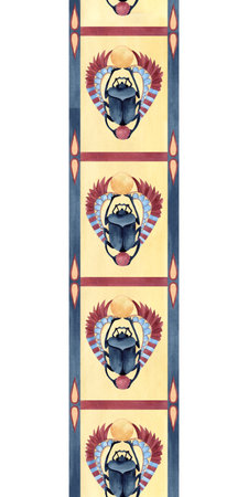 Scarab beetle seamless border. Ancient Egyptian vertical ornament, symbols, geometric patterns. Watercolor isolated illustration. Religion icon culture concept for textile, decorative items, souvenirの写真素材