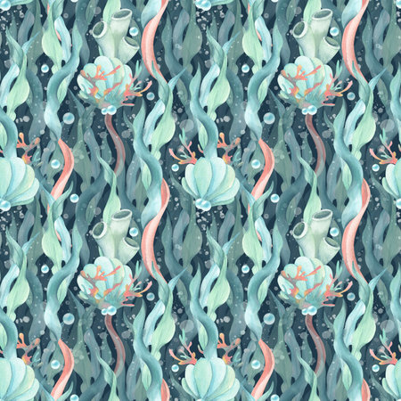 Seaweed, underwater plants seamless pattern. Seashell, sea sponge, and corals, bubbles. Watercolor illustration isolated on dark background. Marine style, stationery, textile, cosmetics packagingの写真素材