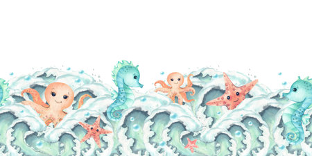 Octopus Starfish Seahorse characters on wave crests seamless border horizontal. Watercolor characters childrens illustration. Creatures sea, marine underwater, kids interior sticker, stationeryの写真素材