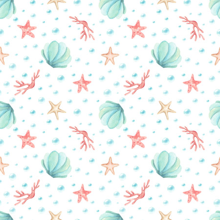 Seamless pattern underwater objects. Seashell, corals, starfishes, stars and bubbles. Watercolor illustration isolated from background. Hand drawn sea art childrens design for textile, packagingの写真素材