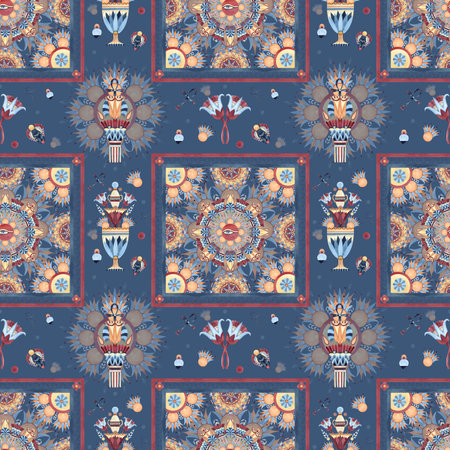 Arabesque seamless pattern with lotus ancient column, eye of Horus, ethnic ornament, religion icons. Watercolor illustration isolated on dark blue background for textile, fabric, interior designの写真素材