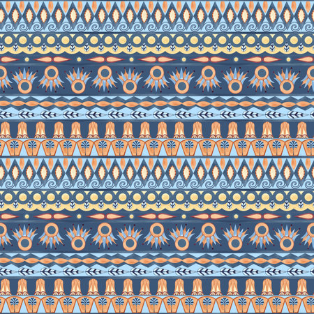 Ethnic folklore ornament seamless pattern, geometric shapes. Abstract colorful watercolor illustration isolated on blue background. For Indigenous people day, textile, packaging, interior decorの写真素材