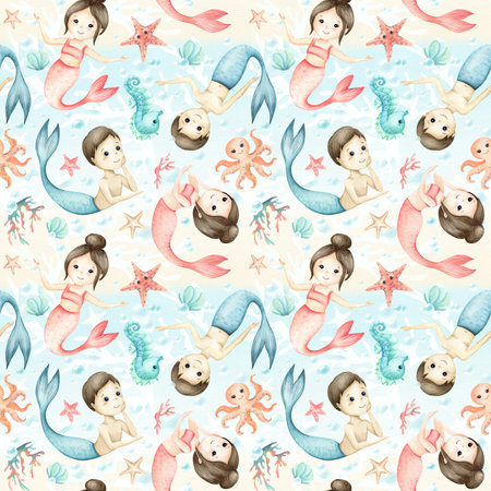 Mermaids girl boy seamless pattern with sea animals childrens illustration. Watercolor seahorse, starfish, octopus characters, plants, stars isolated on seascape background for textile, packagingの写真素材
