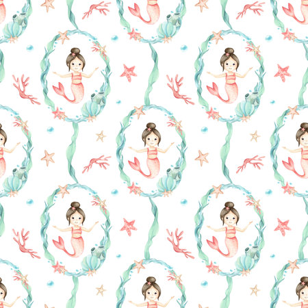 Childrens seamless pattern Mermaid inside frame algae, seaweed, stars, seashell, corals underwater bubbles. Watercolor kids illustration pastel colors isolated from background. Sea wreath templateの写真素材