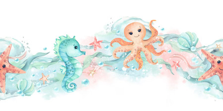 Seahorse, starfish, octopus childrens illustration seamless horizontal border on mint pink Watercolor spot, algae, waves. Isolated characters, seaweed of underwater world. Kids interior designの写真素材