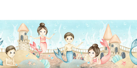 Mermaids little girl and boy seamless border, underwater castle, corals, seashell, algae, stones. Watercolor childrens illustration isolated on seascape. For kids interior design, stationeryの写真素材
