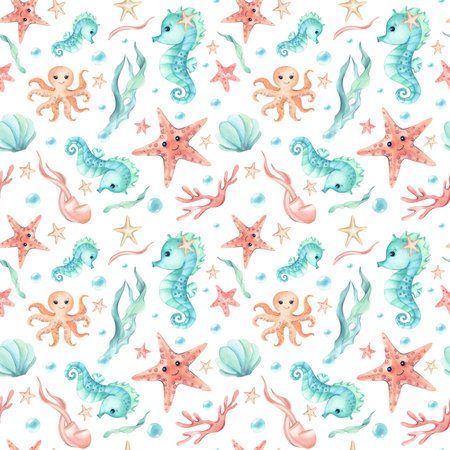 Seahorse, starfish, octopus cute childrens illustration seamless pattern. Watercolor characters, seaweed, bubbles of underwater world isolated from background. Kids design for textile, packagingの写真素材