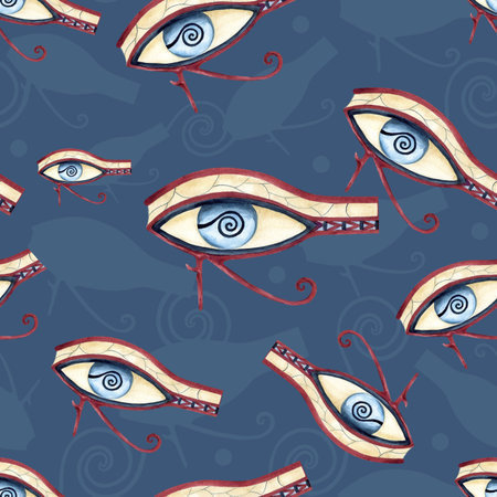 Eye of Horus seamless pattern. Egyptian ornament wadjet, isolated on dark blue background. Ancient religion symbol. Watercolor icon illustration for textile, decorative items, souvenir product designの写真素材